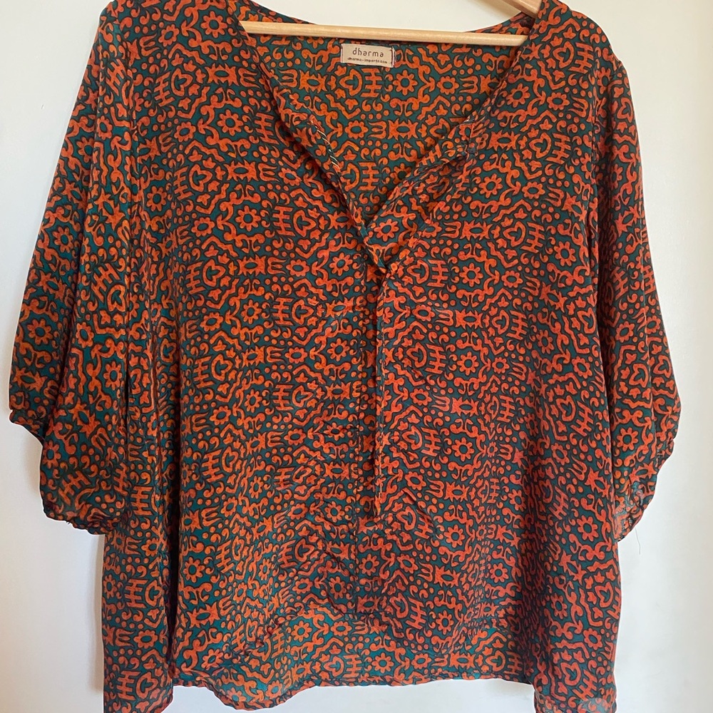 Dharma Silk-Blend Blouse Womens’ Large Popover Tie-Neck Rust, Teal